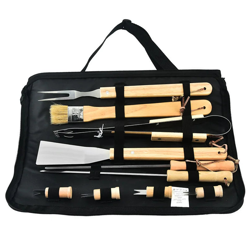 10-Piece Wood Hardwood Long Handle Non-Stick Heat Resistant Minimalist Grilling Tool Set Skewers Tongs Outdoor BBQ Picnics