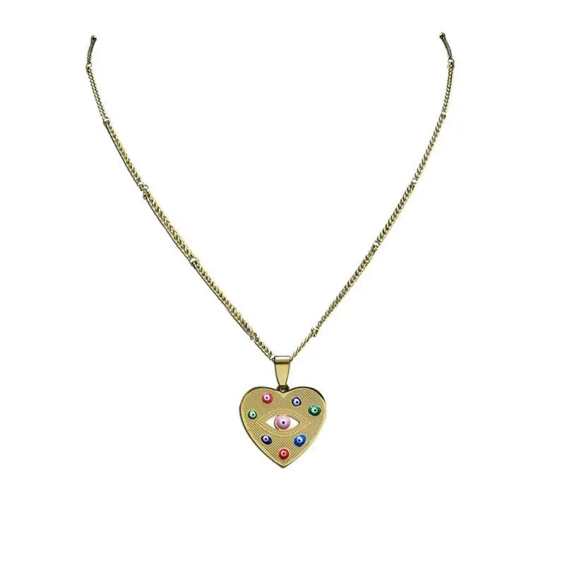 Women's Stainless Steel Heart Pendant Necklace Devil Eye Enamel Titanium Steel Charm Chain New Design Gold Pearl Fashionable