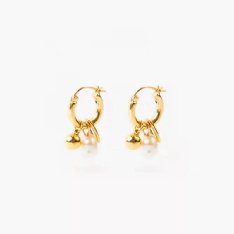 Fenny Tarnish Free Dainty Pearl Gold Bead Double Pendant Hoop Earring Wholesale 18K PVD Plated Stainless Steel Ladies Jewelry