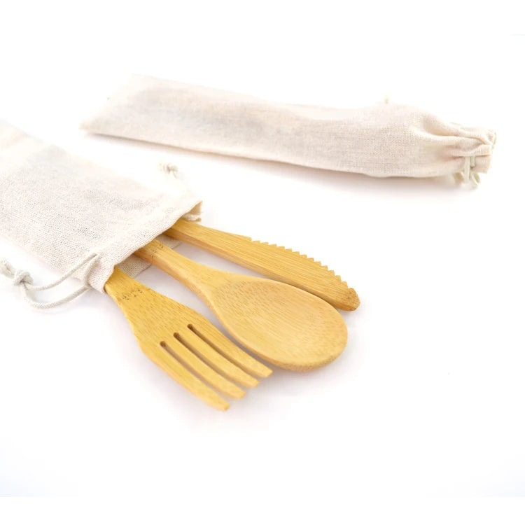 Travel Cutlery Set with Drawstring Bag Biodegradable Cutlery Bamboo Spoon Knife Fork Factory Direct Sale