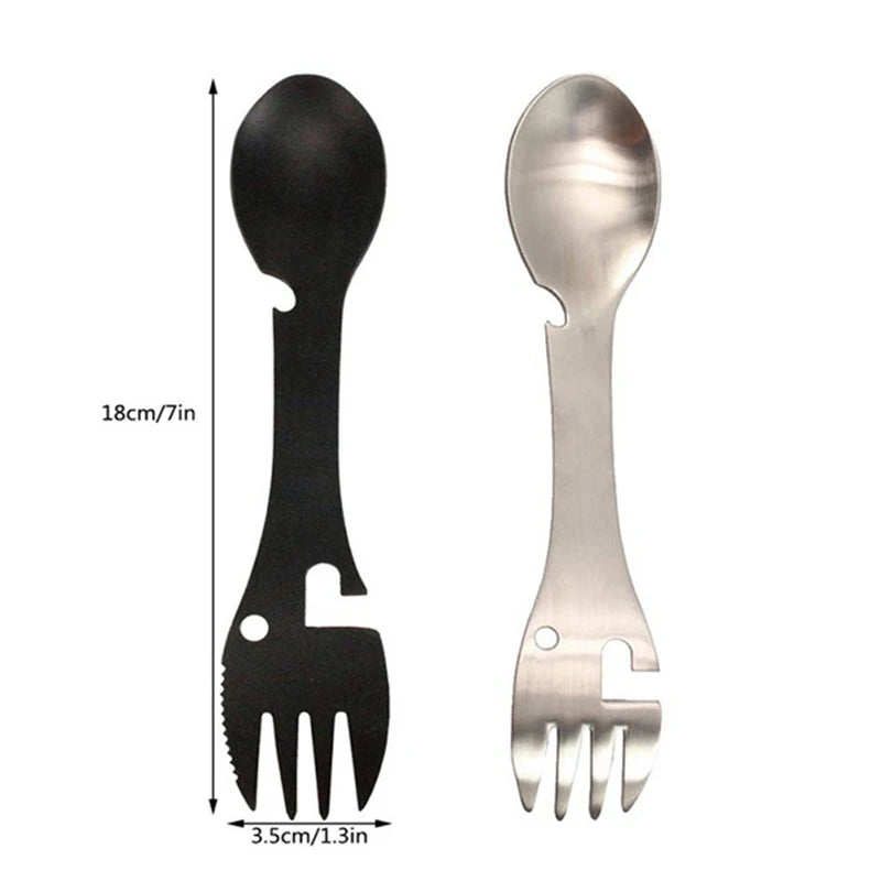 JSJM Stainless Steel 5-in-1 Eco-Friendly Knife Fork Spoon Cork Screw Outdoor Camping Tableware Set for 1 Person