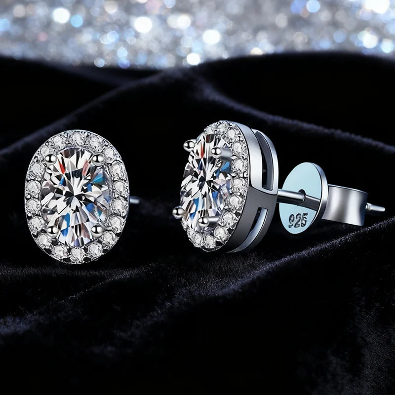 Rhodium Plated Classic Egg Shape Oval Cut Vvs D Colour 1CT  Moissanite Stud Earrings for Women Gift