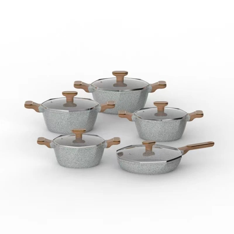Outdoor Aluminum Cookware Set 10-Piece Marble Coated with Wooden Handles Gas Stove Compatible Includes 4 Stockpots 1 Frying P