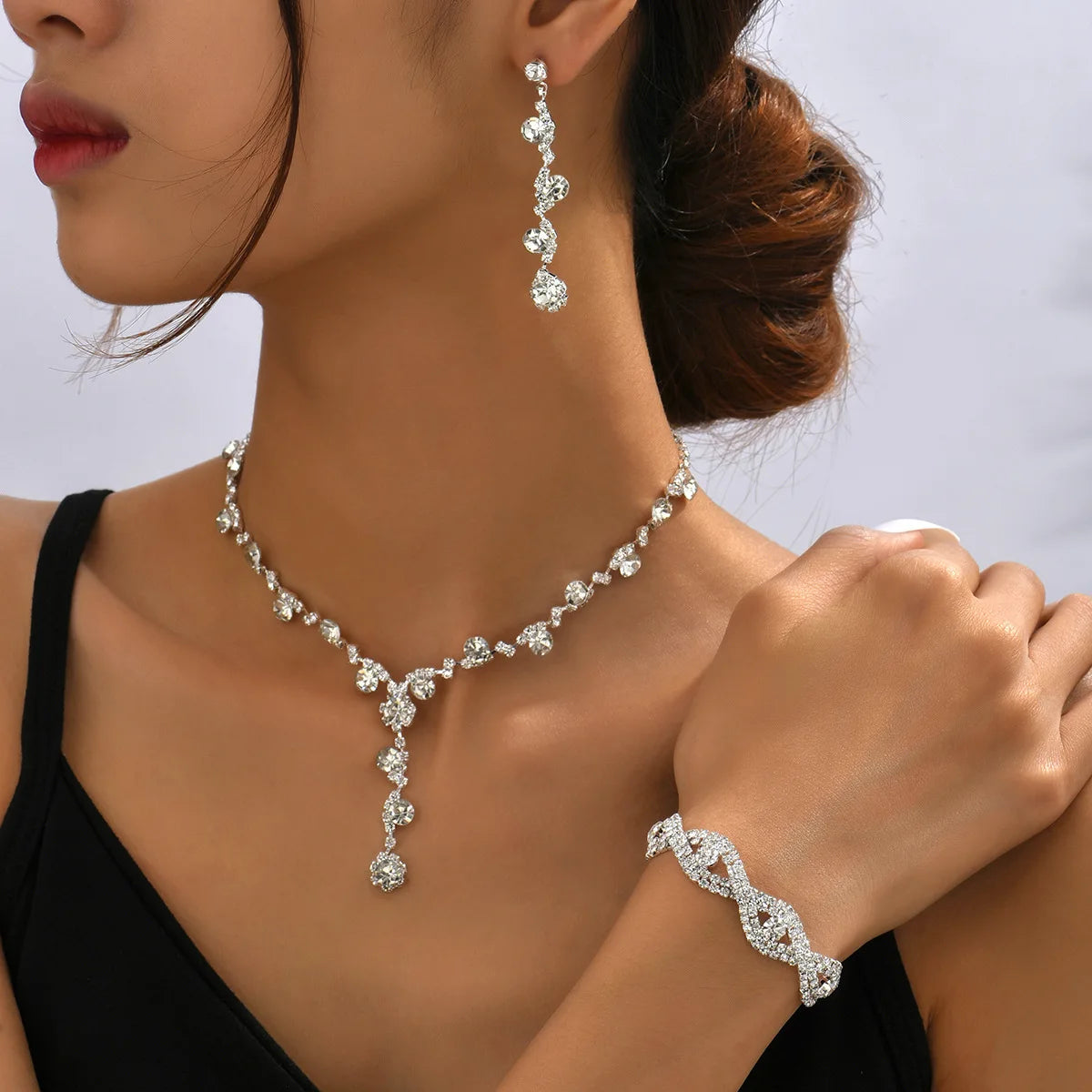 3pcs Bling Black White Silver Bridal Necklace Set Earrings Bracelet Jewelry American Diamond Necklace Sets for Wedding Party