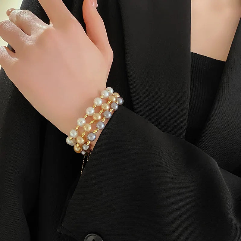 Fashion Design Good Luck Charm Non Tarnish Adjustable Bracelet Dainty Freshwater Black Gold Pearl Bracelet
