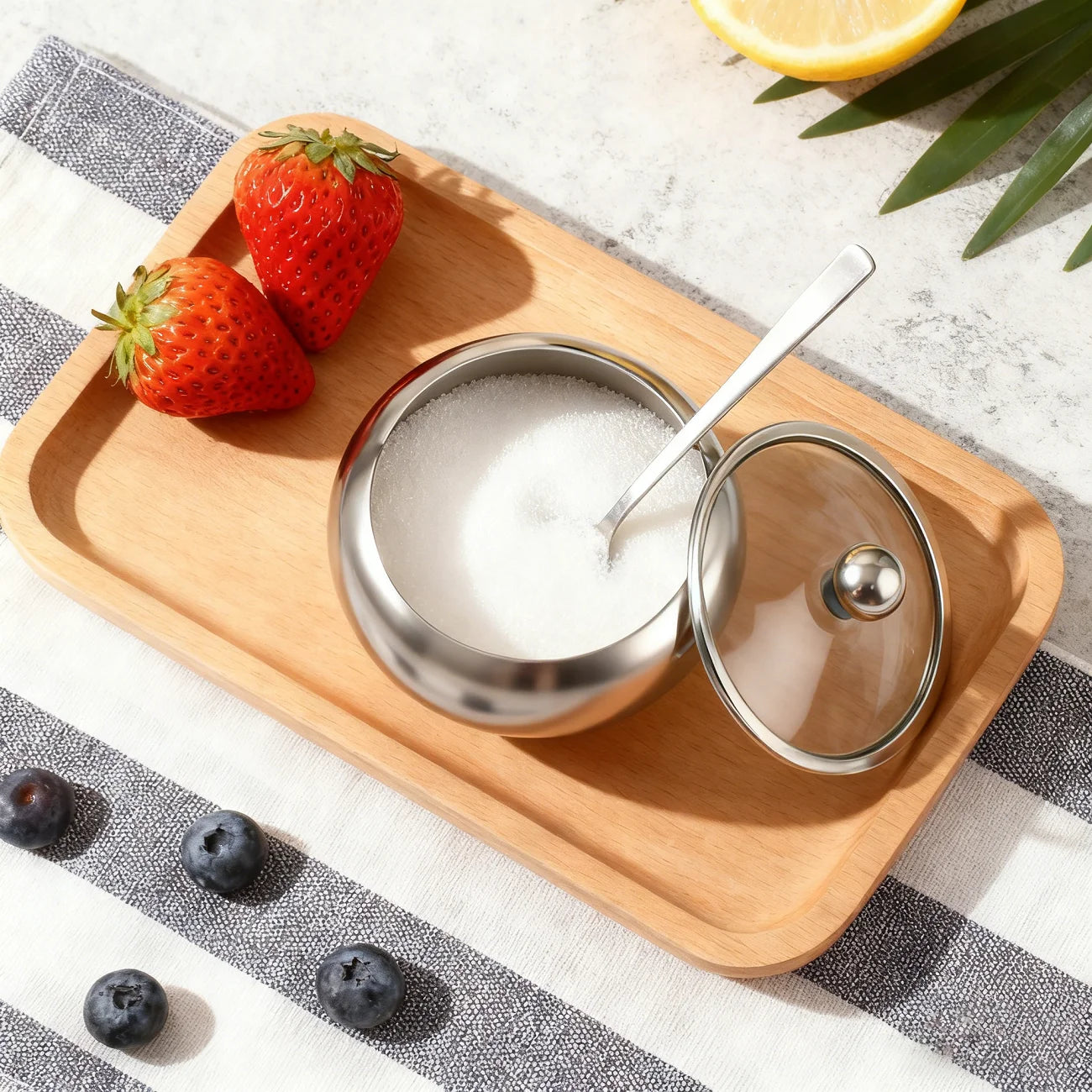304 Stainless Steel Kitchen Seasoning Container  Sugar  Bowl Stainless Steel Sugar Bowl With Glass Lid