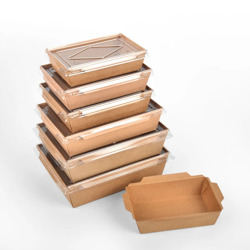 SenAng01 Disposable Recycle Kraft Paper Food Lunch Packaging Box with Compartment Anti-fog PET Lid UV Coating Sushi Noodle Je