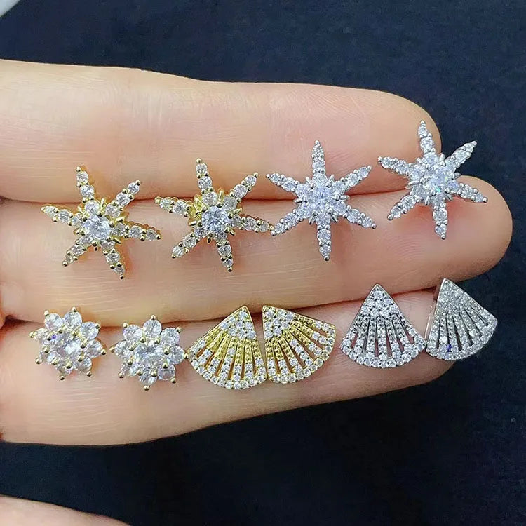EC1468 Dainty 18k Gold Plated Cubic Zirconia CZ Pave North Star Flower Studs Stud Earrings