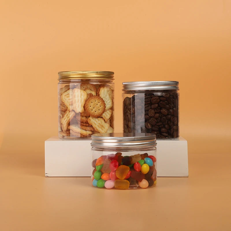 Silver Gold Aluminum Lid Empty Plastic Pet Food & Candy/Jar Storage Container with Quality Packaging for Food Storage