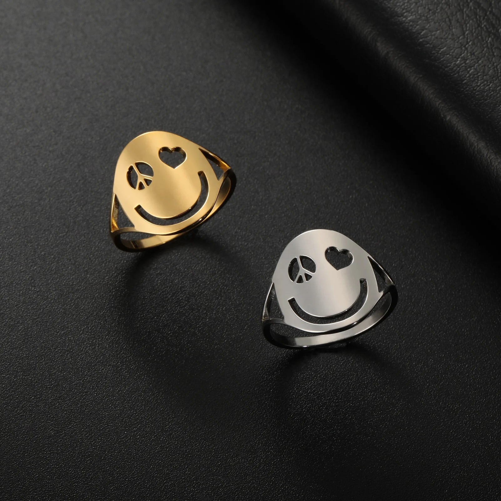 Peace Symbol Love Eyes Smile Face Ring for Women Girl Fashion Party Waterproof Finger Stainless Steel Jewelry