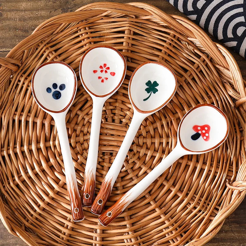 Japanese Long Handle Ceramic Spoon Hand Painted Underglaze Color Soup Spoon Cartoon Cute Dessert Spoon