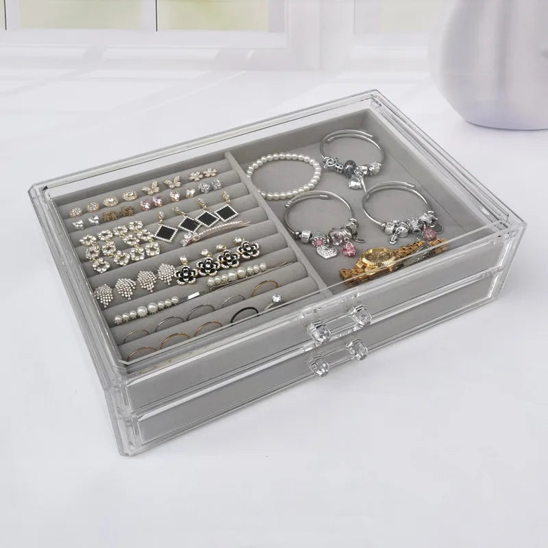 Large Two Drawers Acrylic Flannelette Storage Box Jewelry Necklace Finishing Box Earrings Ring Display Rack Flannelette Tray
