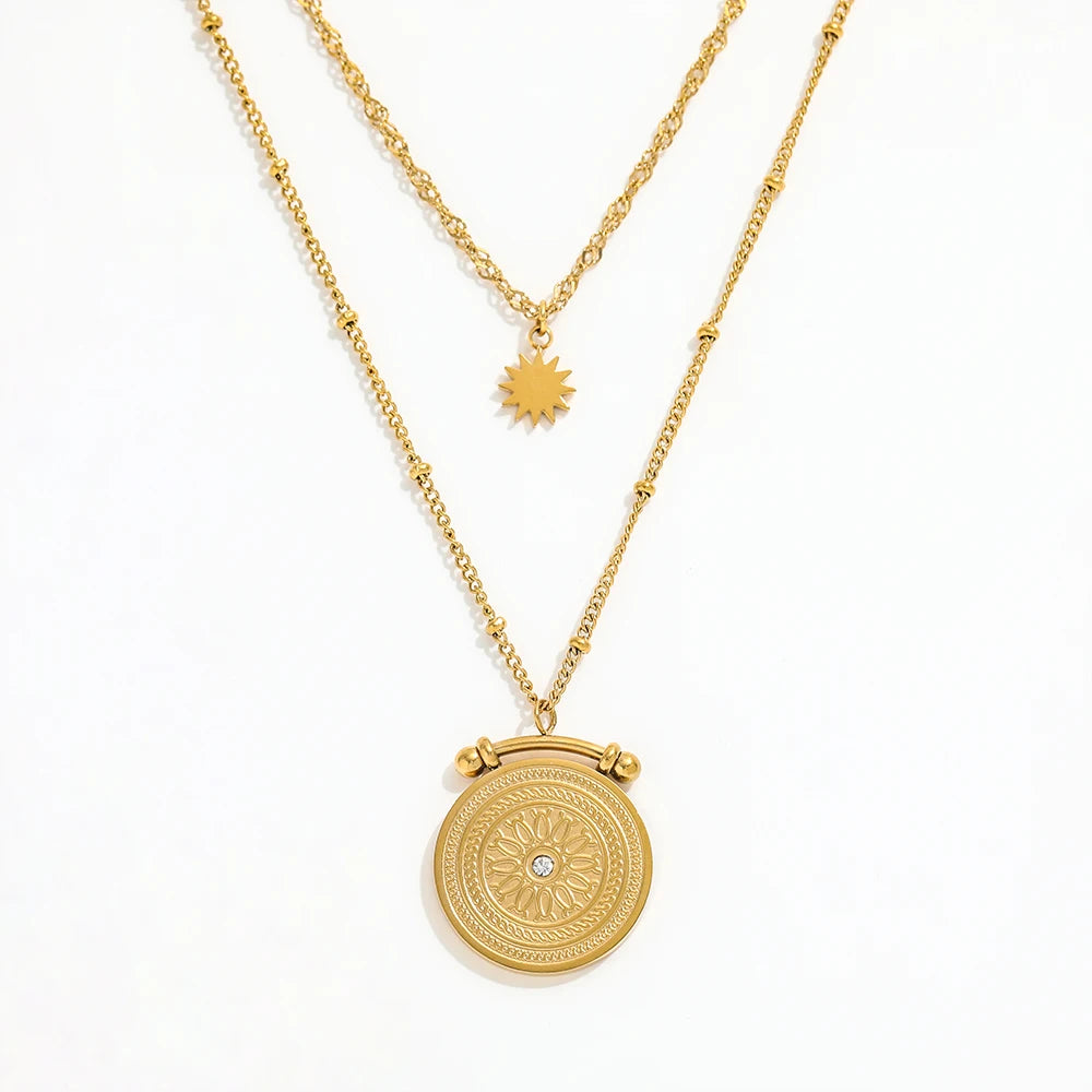 Fenny Wholesale 18K PVD Plated Double Layered Beaded Chain Coin Star Burst Pendant Stainless Steel Necklace for Women