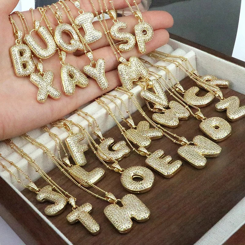 Hip Hop Gold Plated Cubic Zirconia CZ Letter Necklace A-Z 26 Bubble Initial Letter Necklace Women Jewelry