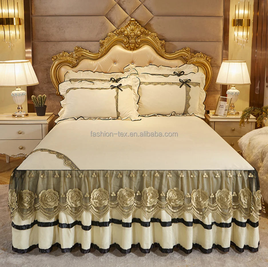 Cheap Luxury Lace Embroidered Bow Tie Decorative Sequins Princess Double Twin Queen king Size Home Hotel Modern Bed Skirt
