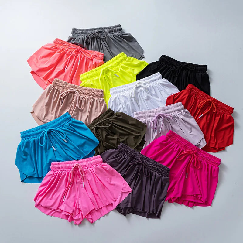 Women's Double-Layer Drawstring Fitness Shorts Quick Dry Breathable Smart Spandex/Nylon Fabric Plus Size Running Shorts Summe