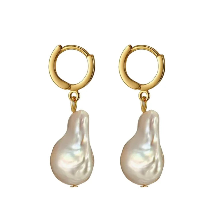 Fashion Jewelry 14K Gold Plated Hoop Ring Big Size Natural Baroque Real Pearl Drop Earrings