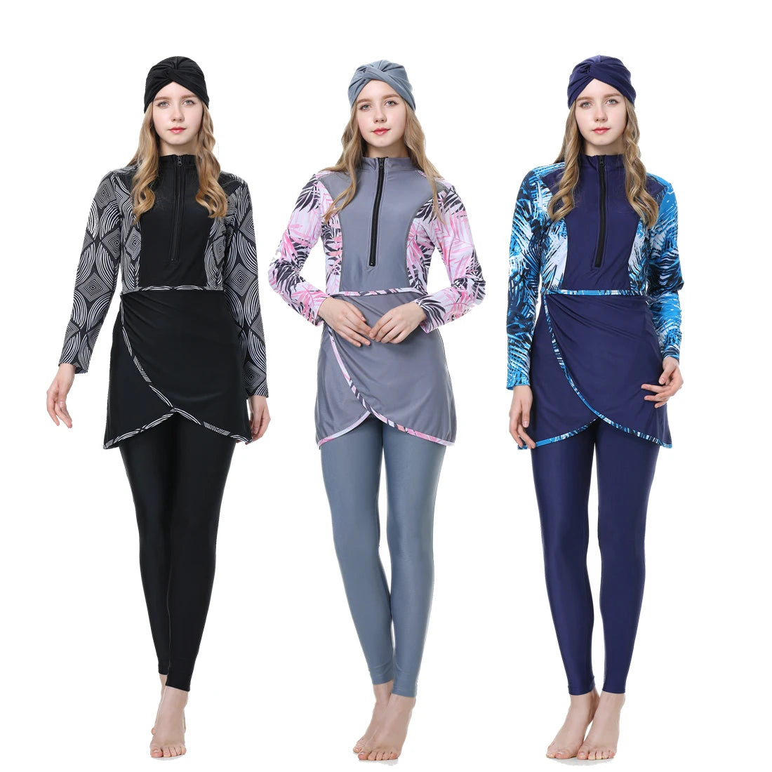 2022 Modest Women's Full Cover Muslim Swimwear 3PCS Floral Plus Size Islamic Sports Swimsuit Beachwear Hijab Long Sleeve Burk