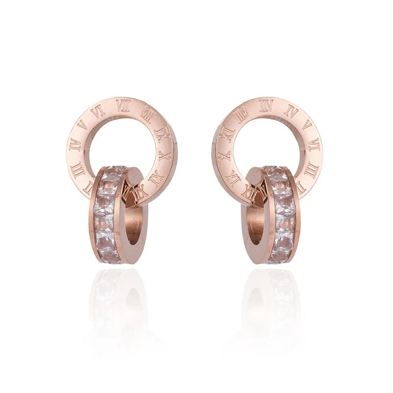 Romantic Rose Gold Stainless Steel Double Ring Earrings with Diamond Inlaid Roman Numerals New Creative Trendy Party Jewelry
