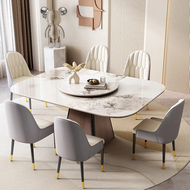 Modern Luxury Sintered Stone Round Dining Table Set with Gold Metal Legs and Turntable Center for Villa Dining Room