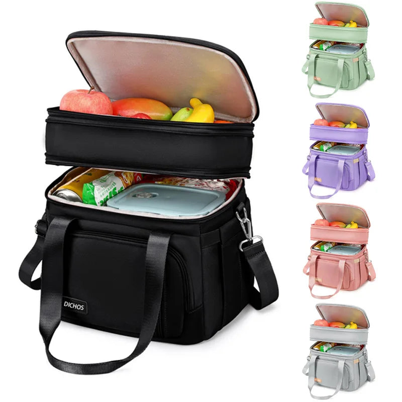 Qetesh Lunch Bag Custom Logo Design Double-layer Portable Insulated Waterproof Solid Color Picnic Cooler Bag with Large Capac