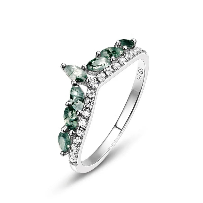 Natural Green Moss Agate Crown V Marquise Shape Eternity Band S925 Sterling Silver Pavé Stackable Half Eternity Ring for Wome