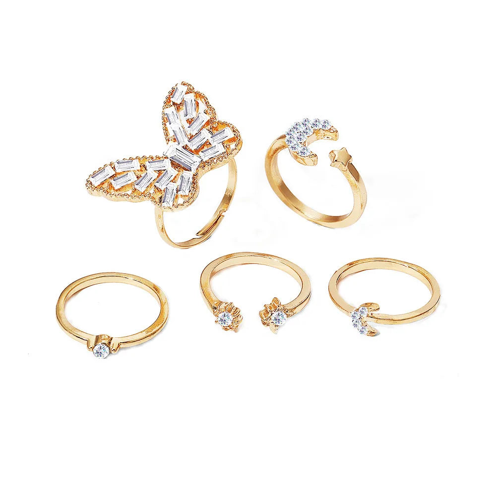 2025 New Trendy Zircon Moon Butterfly Rings Diamond Rings Knuckle Finger Jewelry Gifts Rings Set for Women