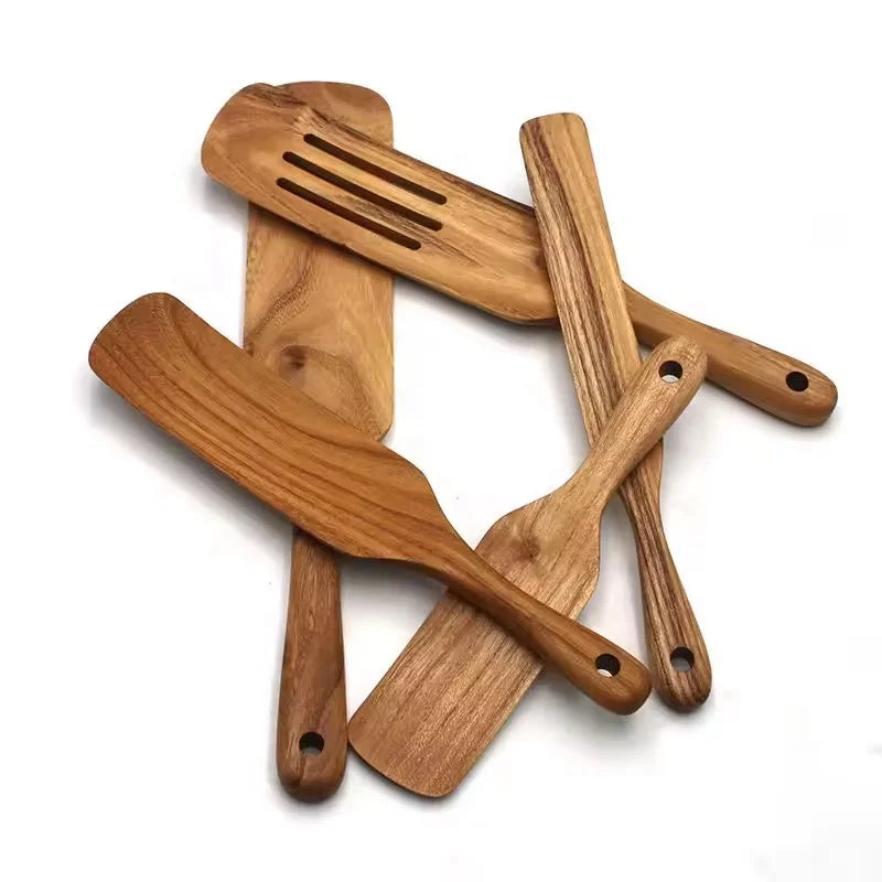 5pcs Durable Non-Stick Wooden Spatulas Natural Wood Slotted Stirring Utensils Kitchen Cookware Cooking Tools Set of 5pc Spurt