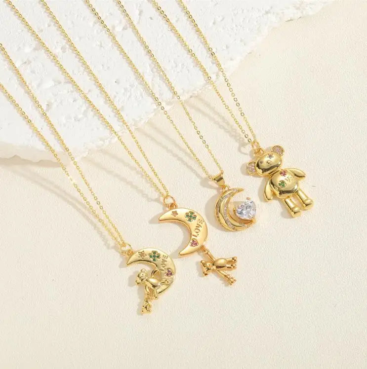 Moon Bear 14K Pendant Necklace Copper Microinset Zircon Clavicle Chain Charm Girls Necklaces Fashion Fine Jewelry