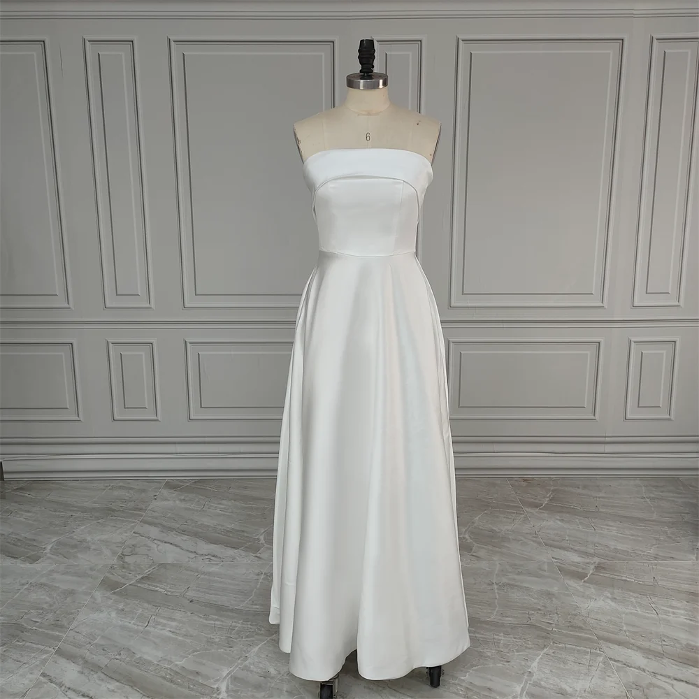 100% Real Photos Simple Sleeveless Strapless Satin Long Train A-line Wedding Dress Bridal Evening Prom Dress for Plus Size Wo