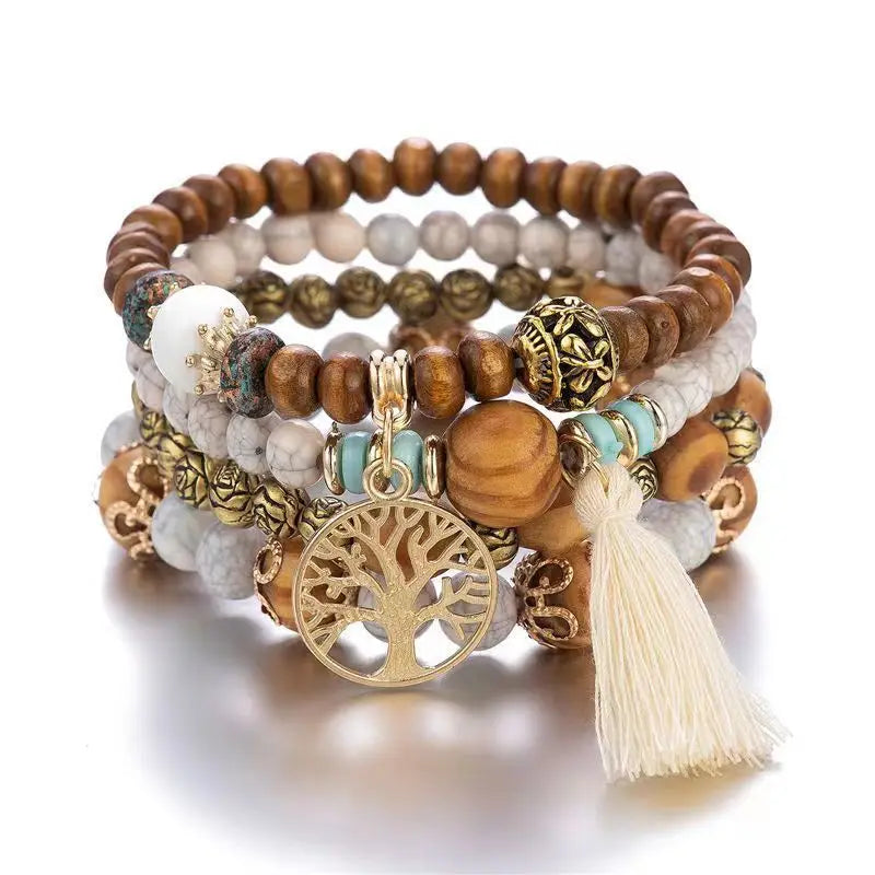 Wholesale Elastic Women Girls Bohemian Summer Multi Layer Wood Beaded Bracelets