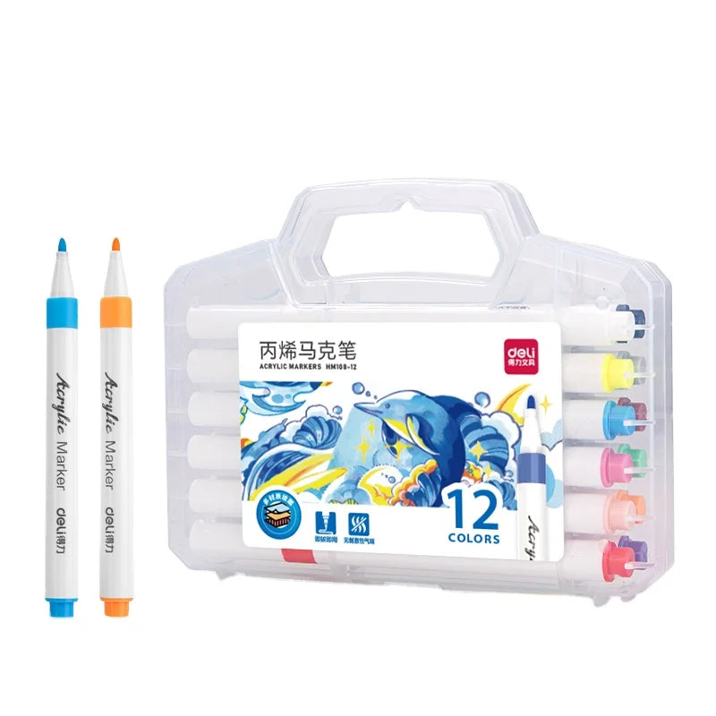 Deli HM108-12 12pcs/box Portable Waterproof Acrylic Marker Art Students Marker Pen 144box*12pcs=1728pcs Per Carton Set