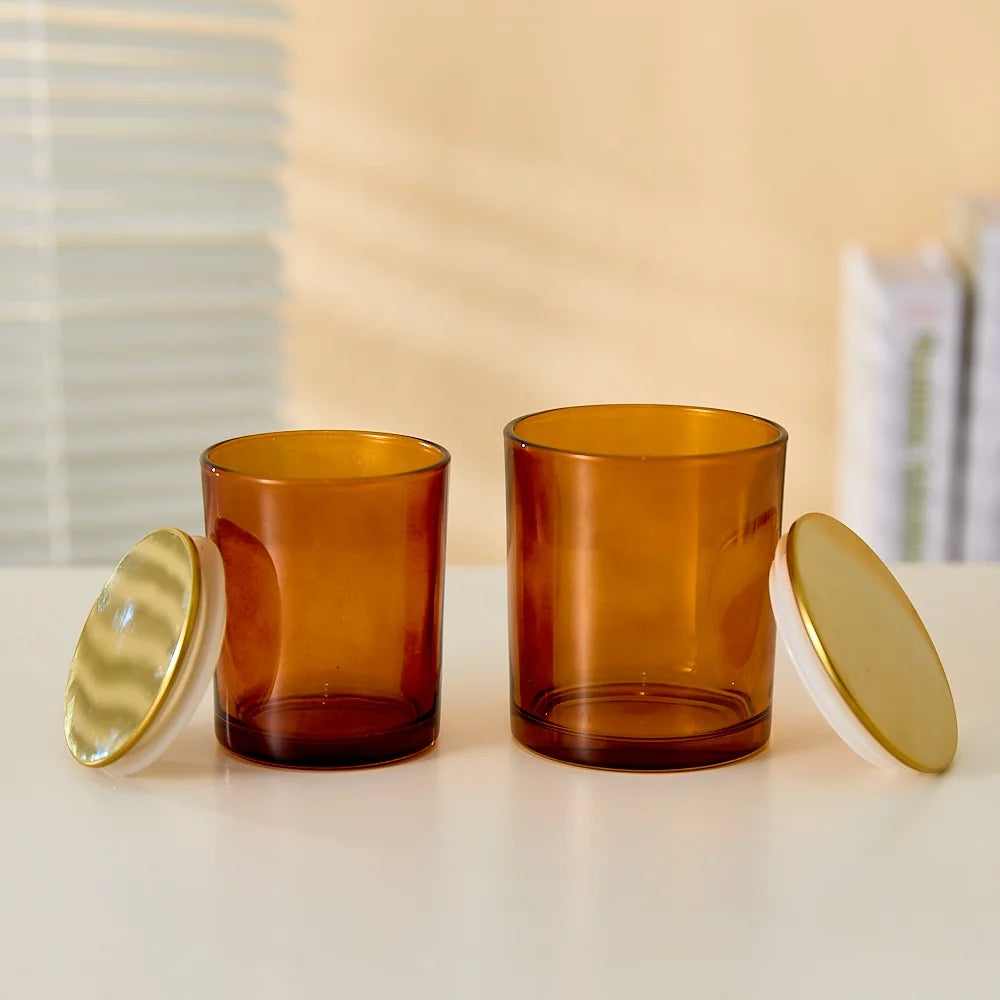 Wholesale 7oz10oz15oz  High-end Luxury Candle Jars Bright Brown  Glass Candle Jar WithGodl  Lid