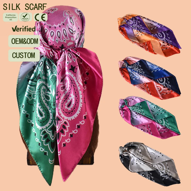 Multicolor Paisley Print Imitation Silk Square Scarf | Shiny Satin Bandana Head Scarf Custom OEM ODM Headscarf