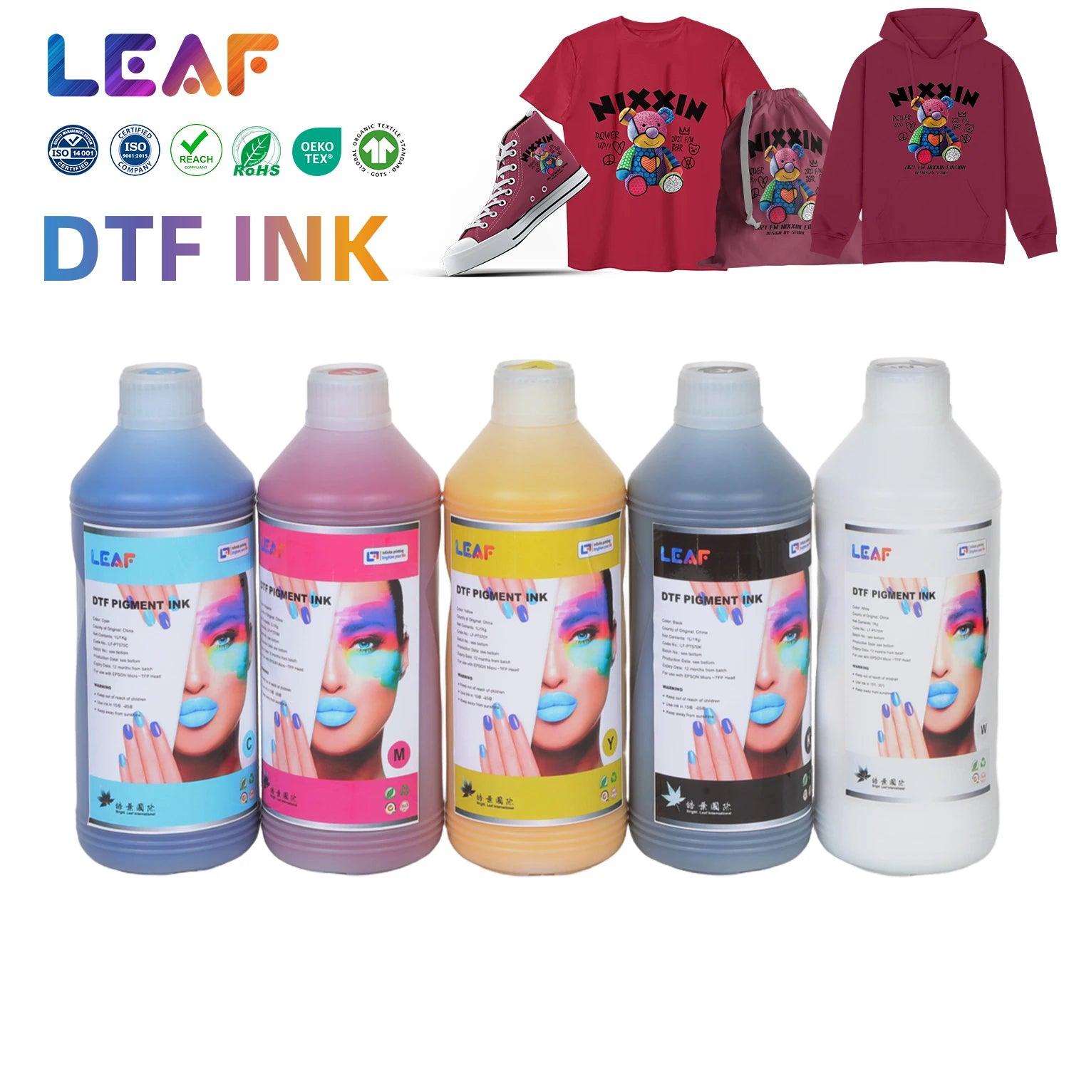 LEAF Eco-Friendly DTF Pigment Ink for Heat Press Transfer Compatible Withi3200 I1600 Xp600  Stable Color Performance