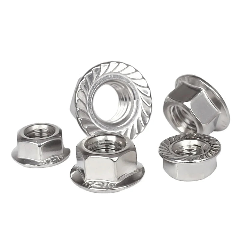200 Pcs Polished Stainless Steel Flange Nuts M4 M5 M6 M8 M10 M12 M14 M16 Serrated Hex Flange Nuts for Healthcare and Mining