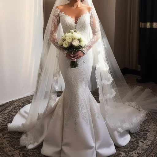 S0240G  2026 Custom Made Lace Mermaid Wedding Gown Bride Vestido De Noiva With Chapel Train Printed Technique Ball Gown Dress