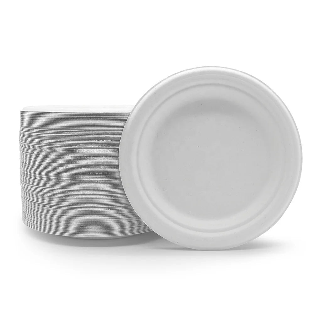 Disposable Degradable Food Packaging Tray 6 7 9 10 Inch White Sugarcane Bagasse Pulp Plates for Party