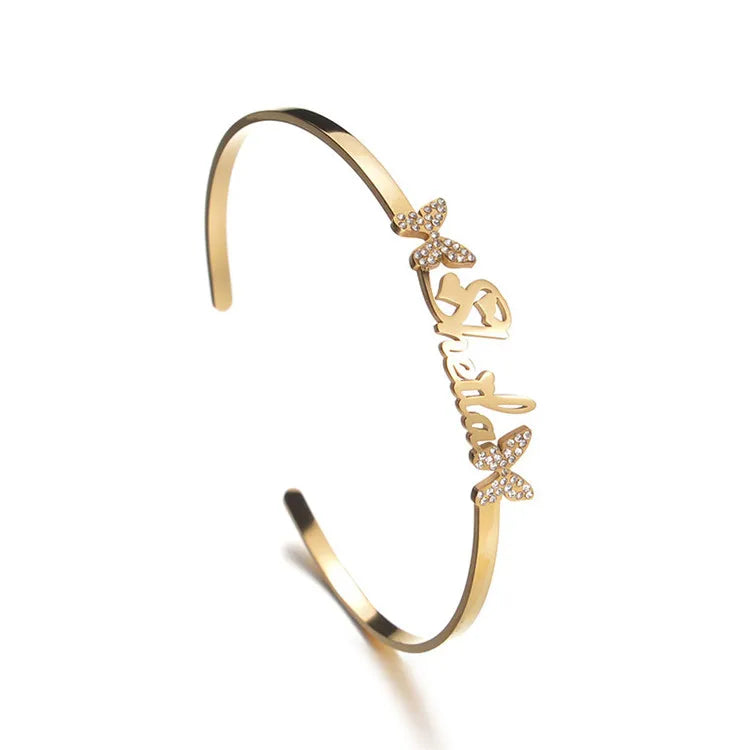 Personalized DIY Butterfly Crystal Rhinestone Trendy Unisex Anniversary Gift 3mm Stainless Steel Bangle Silver/Rose Gold/Gold