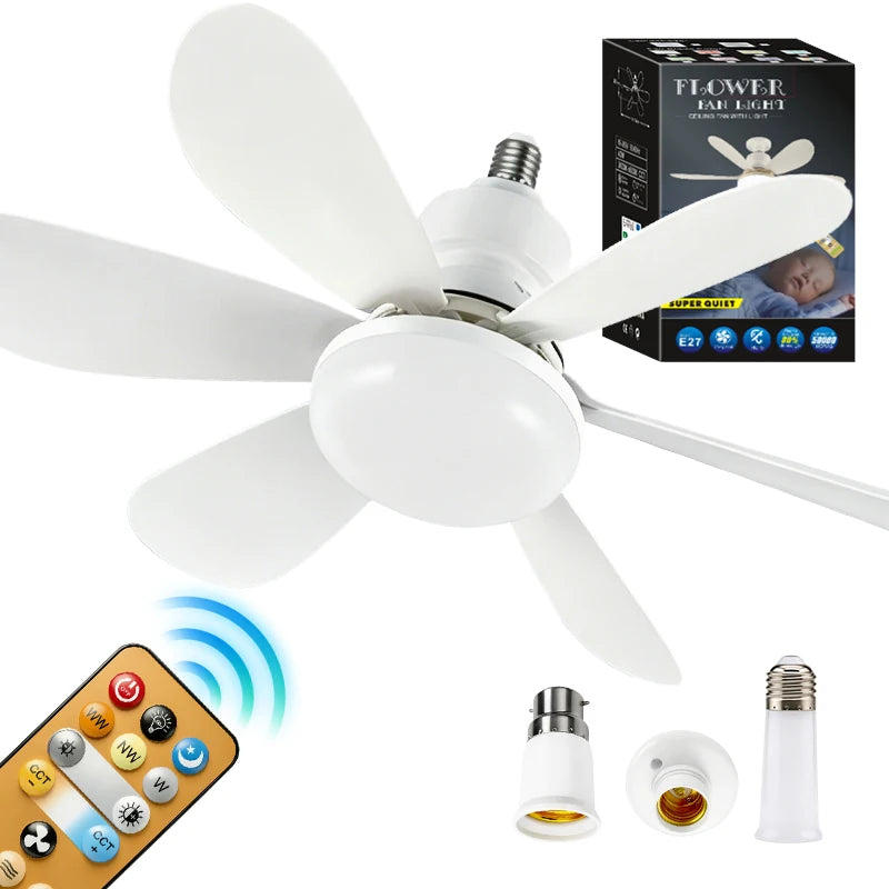 2 in 1 Smart Ceiling Fan Silent 5 Fan Blades Professional Buld Fan Light DC Motor-Multifunctional Socket Fan for Hotel Use