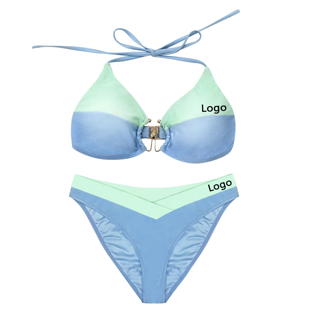 Custom Women's 2 Piece V-String Bikini Set with Leopard Print Spandex/Nylon Material