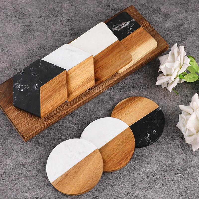 Hot Selling Multi-Shape Acacia Wood and Marble Coasters for Home Kitchen Drink Coaster