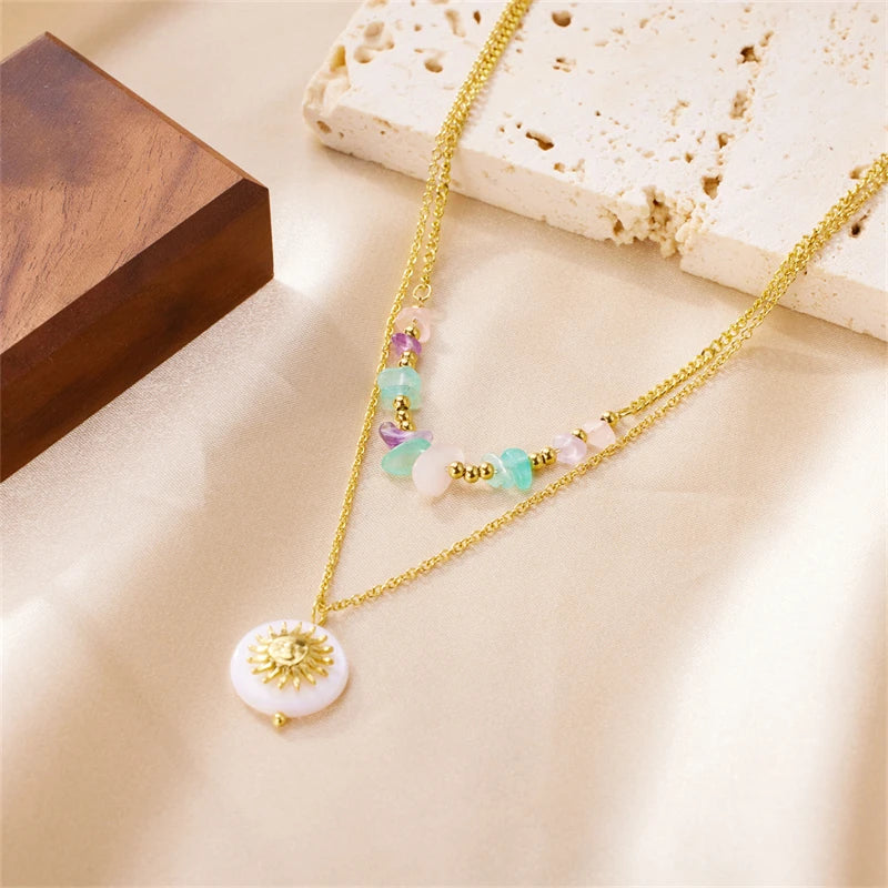 2024 Fashion Jewelry 18K Gold Plated Double Chains Natural Stones Pendant for Women Stainless Steel Necklace