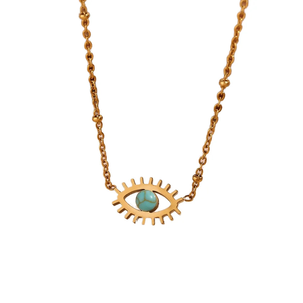 Vintage Stainless Steel Green Bead Eye Pendant Necklace Turquoise with Gold Plating Unisex for Wedding Party or Gift