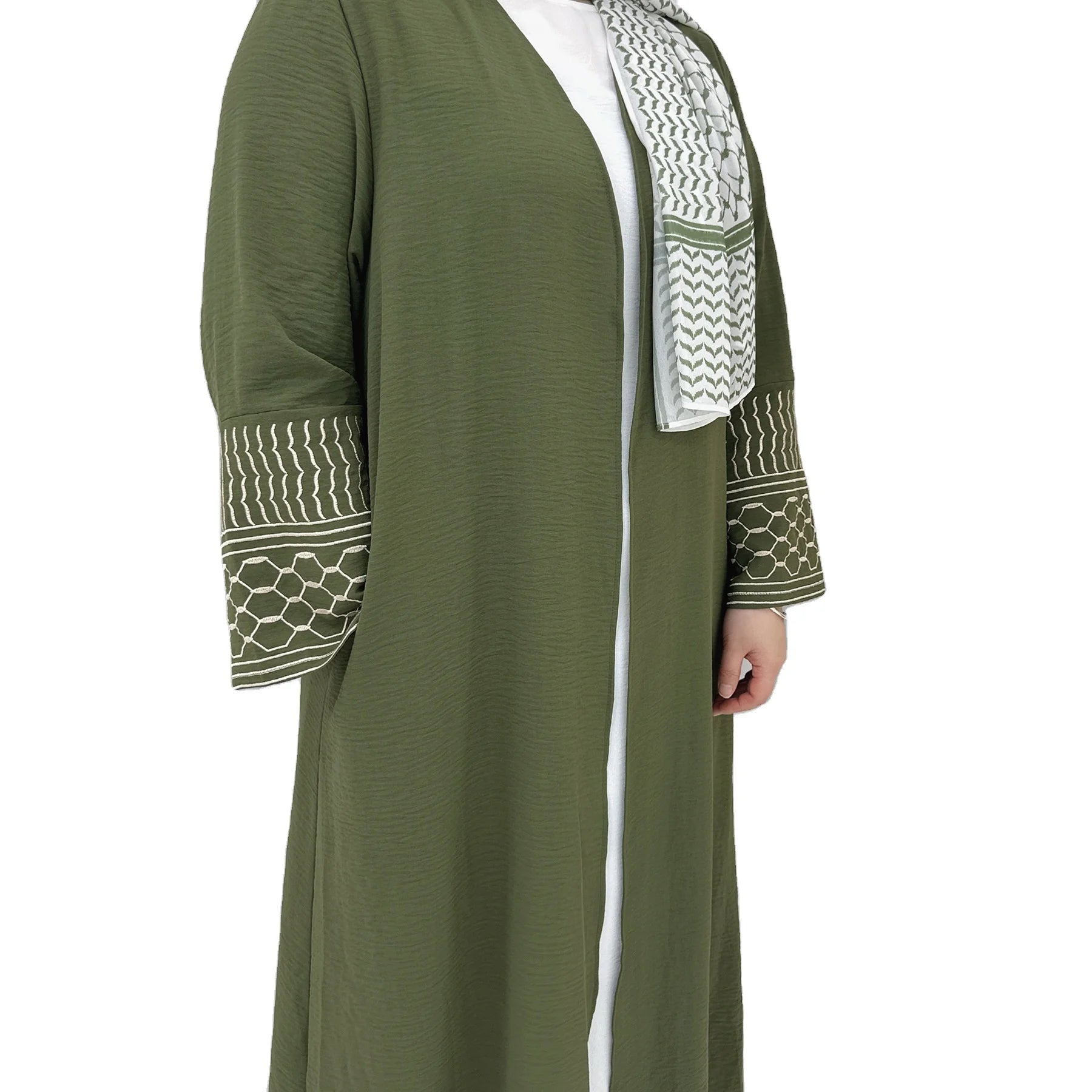 Dubai UAE Hot Sale Embroidery Pattern Cuff Long Open Style Breathable Linen Fabric Summer Abaya for Women