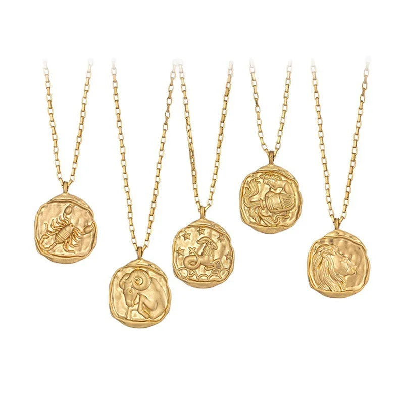 Corrosion Geometric Round 3D Astrology Zodiac Sign Gold Plated Stainless Steel Jewelry Necklace 24k Dubai