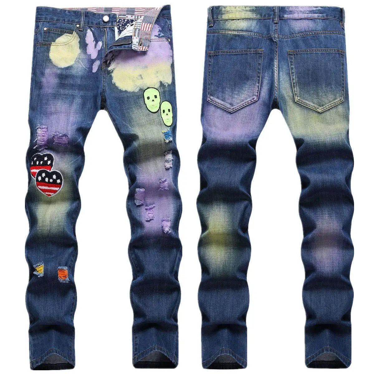 Wholesale OEM LOGO Slim Straight Men's Trousers Badge Hand-painted Men Skinny Trousers Jeans Men Denim