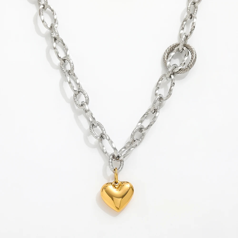 Fenny Wholesale 18K PVD Plated Fast Delivary Stylish Chunky Two-tone Chain Love Heart Pendant Stainless Steel Necklace for Wo