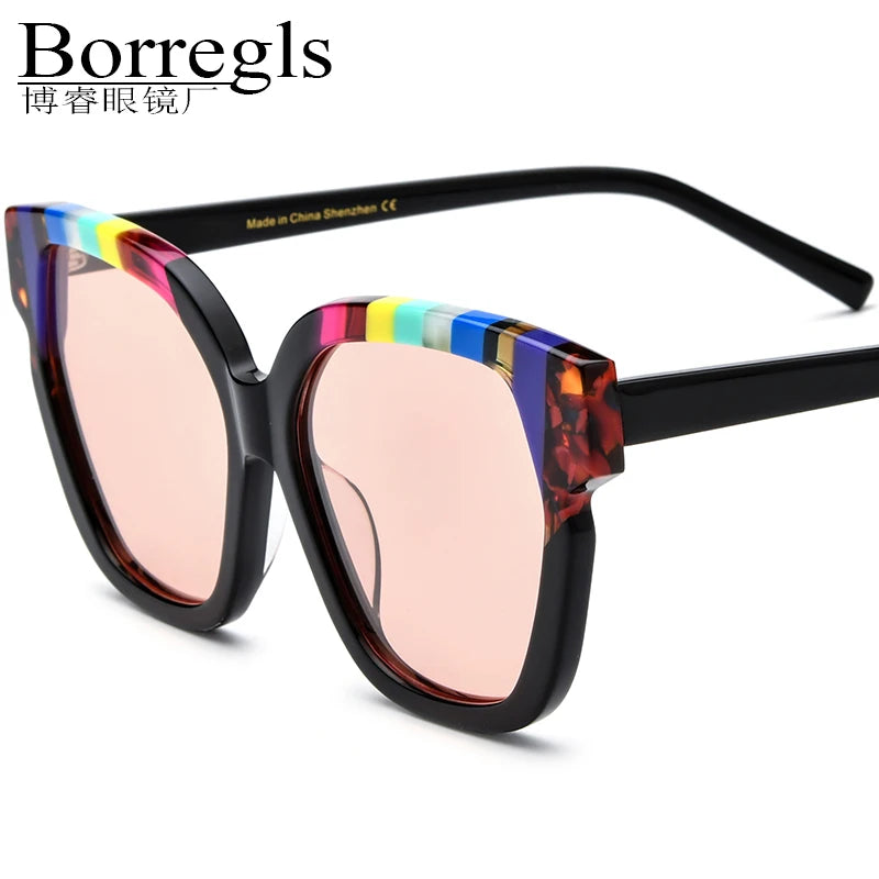 Borregls Acetate Multicolor Polarized Sunglasses Women Cateye Brand Designer Big Oversize Cat Eye Mirrored Sun Glasses 19340T