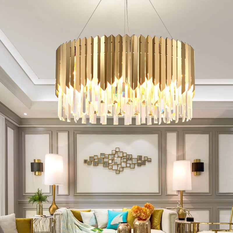 Modern Luxury Villa Round K9 Crystal Chandelier Metal Hanging Balcony Table Lights Lighting the Home Decor